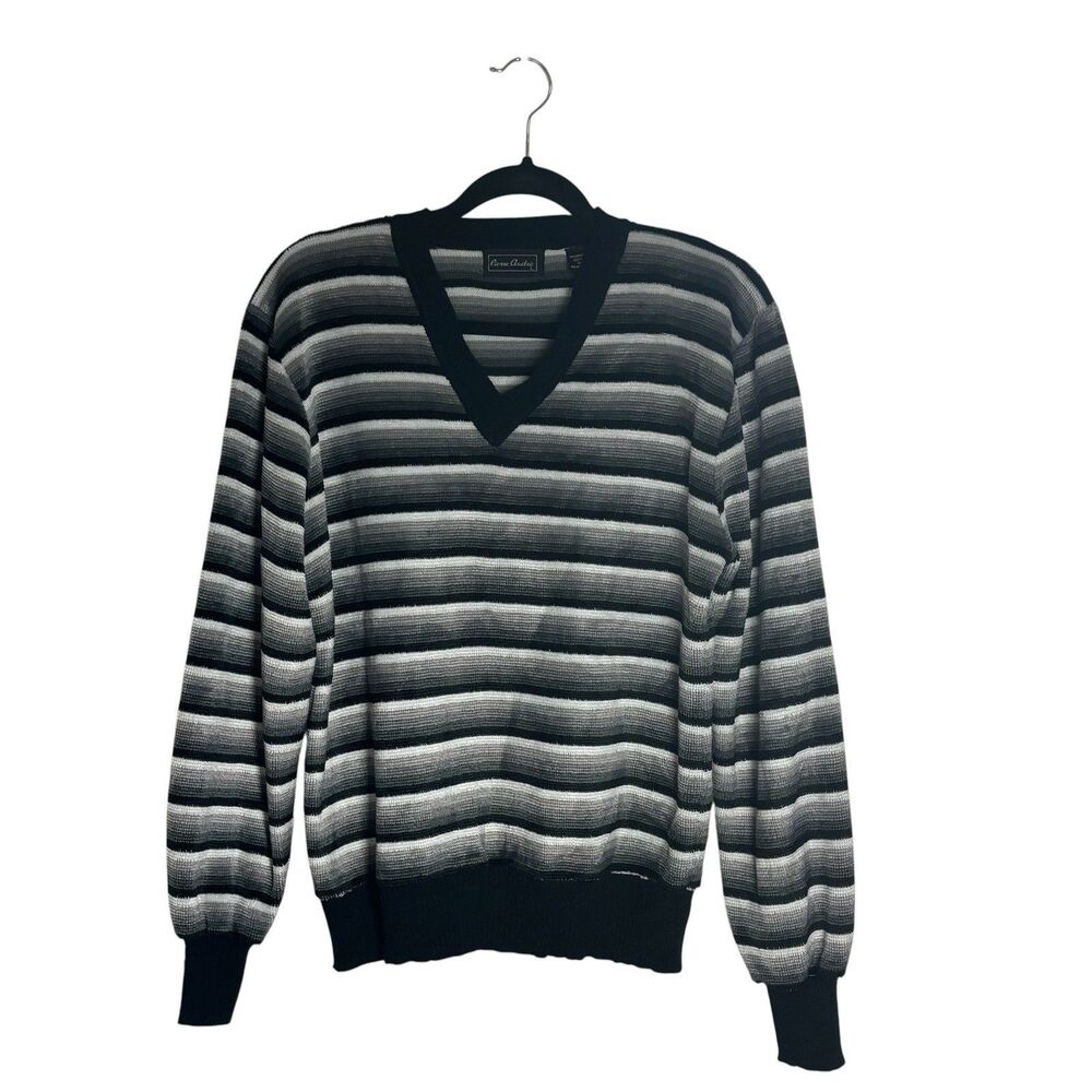 Vtg Mens Pierre Andre Black/Gray Striped V-Neck Acrylic Knit Sweater L Casual